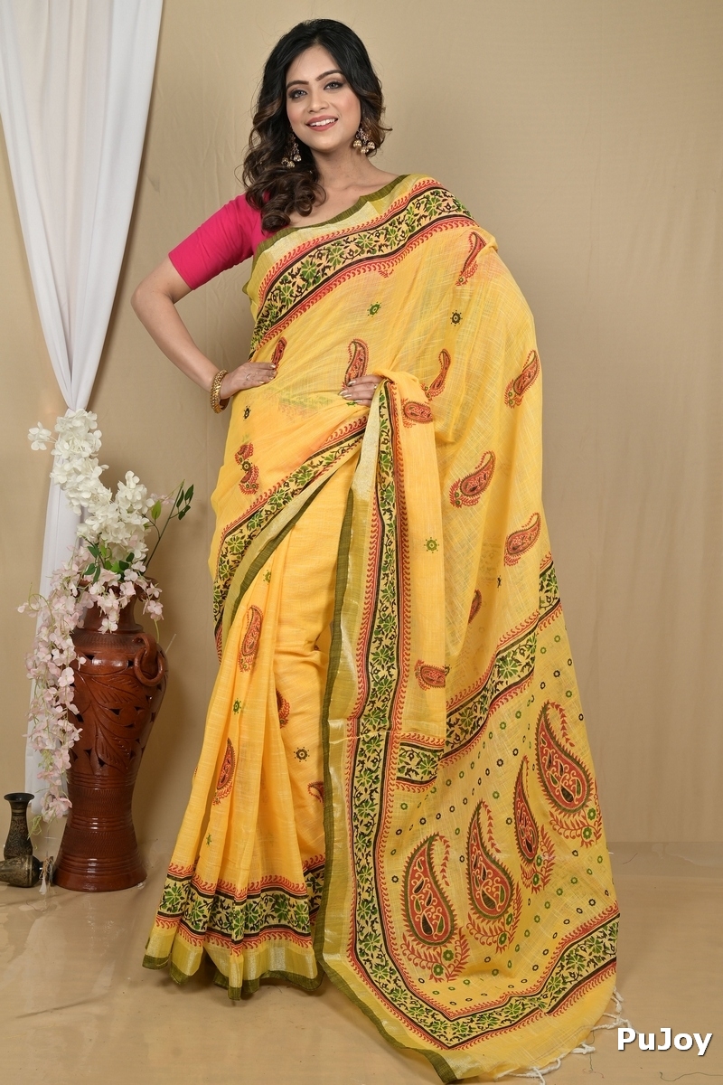 Yellow Pure Cotton Hilda Printed Handloom Saree (2108)