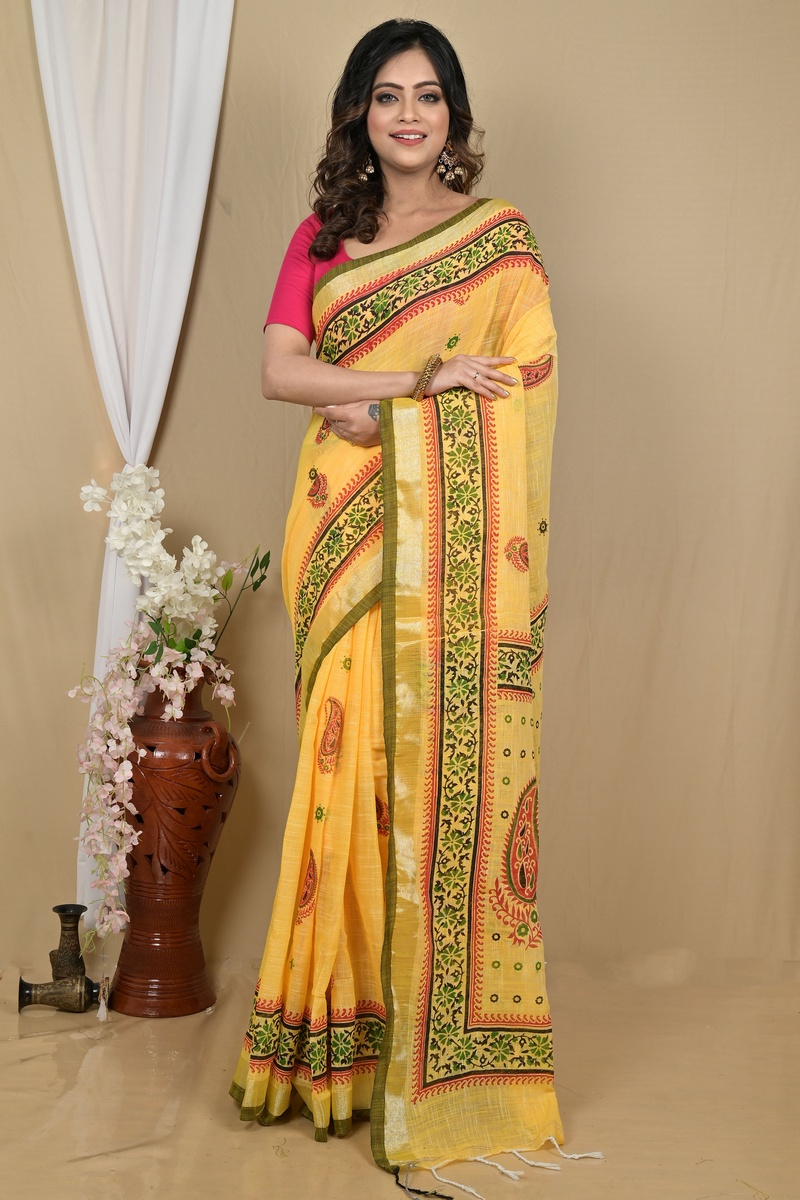 Yellow Pure Cotton Hilda Printed Handloom Saree (2108)