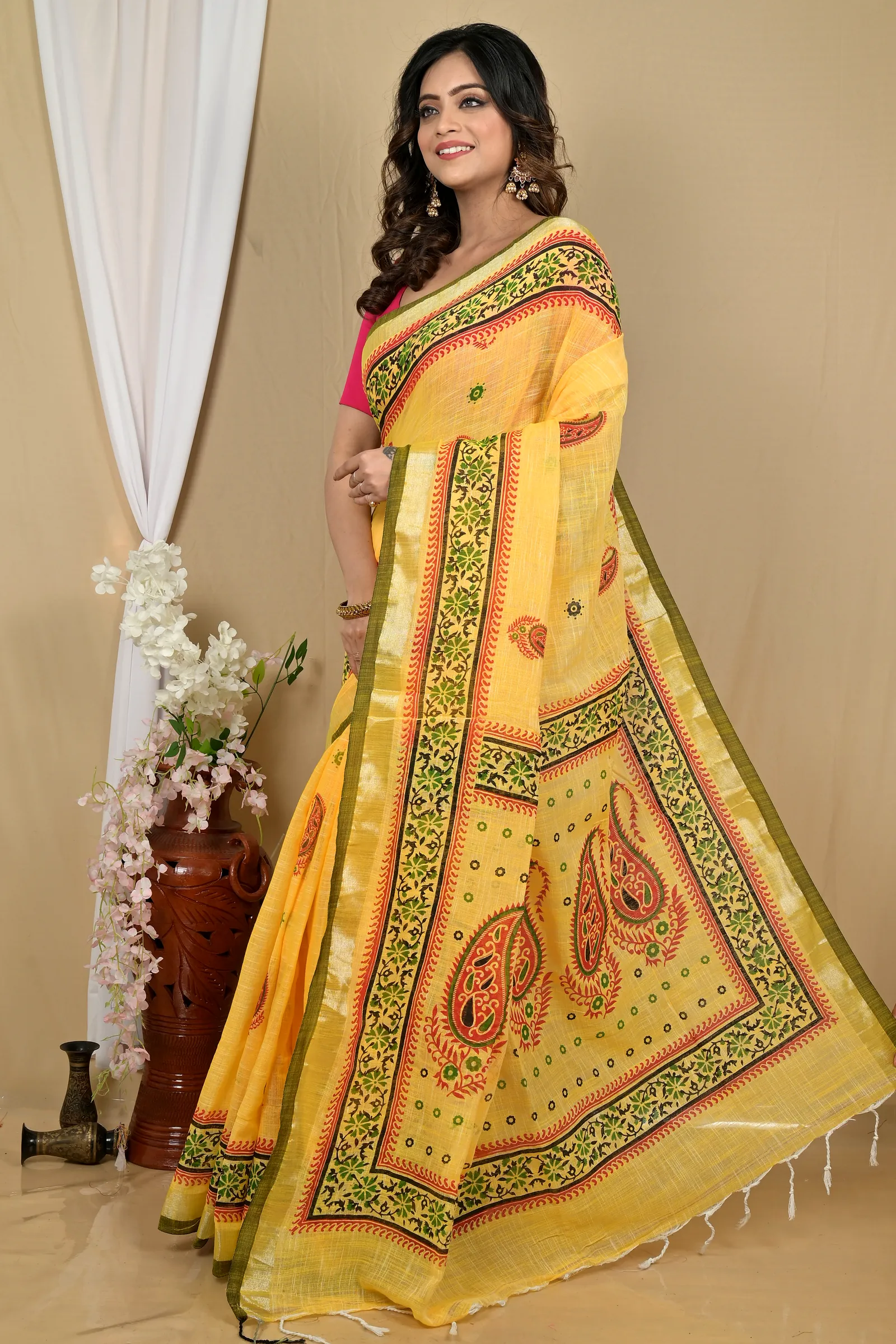 Yellow Pure Cotton Hilda Printed Handloom Saree (2108)