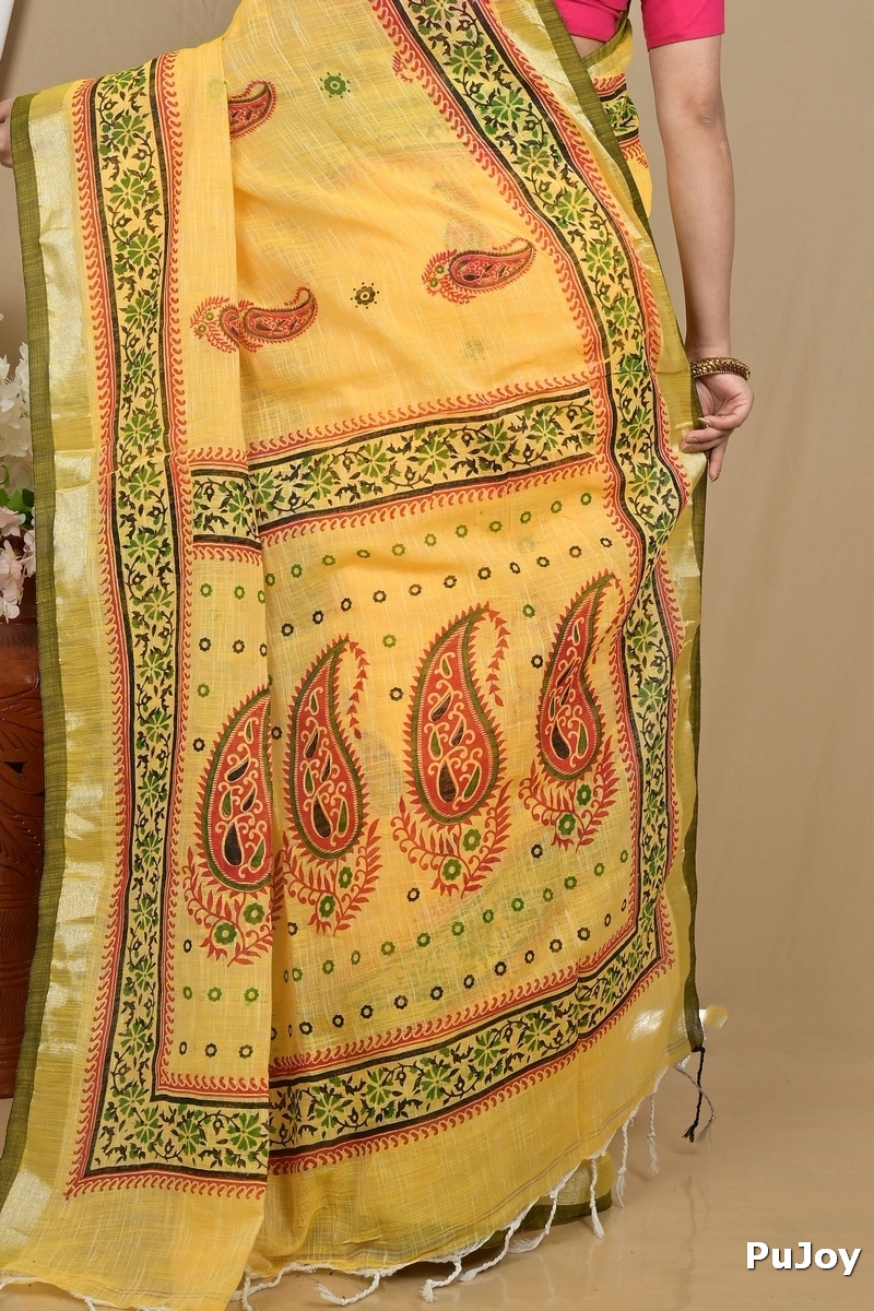Yellow Pure Cotton Hilda Printed Handloom Saree (2108)