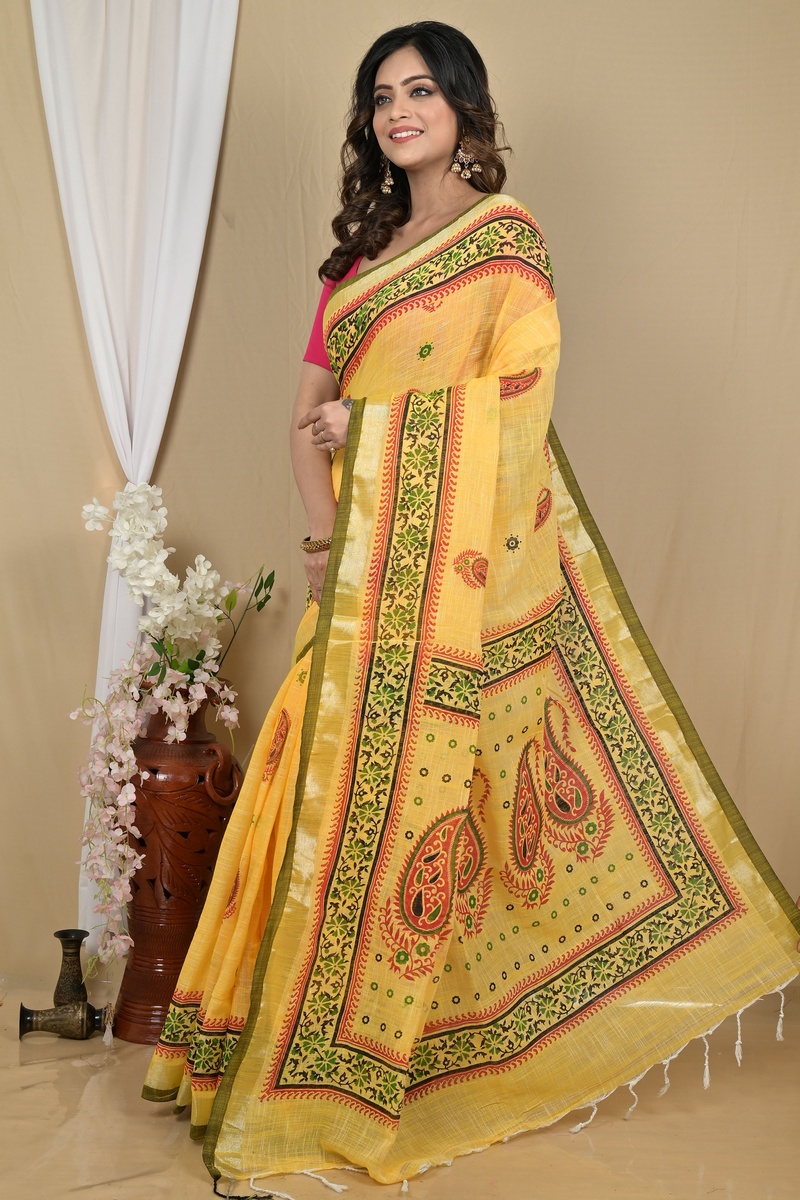 Yellow Pure Cotton Hilda Printed Handloom Saree (2108)