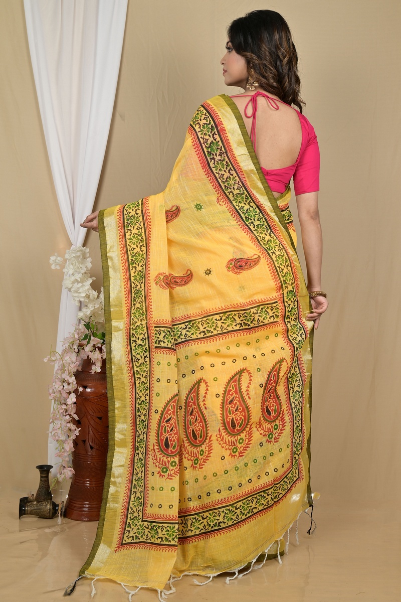 Yellow Pure Cotton Hilda Printed Handloom Saree (2108)