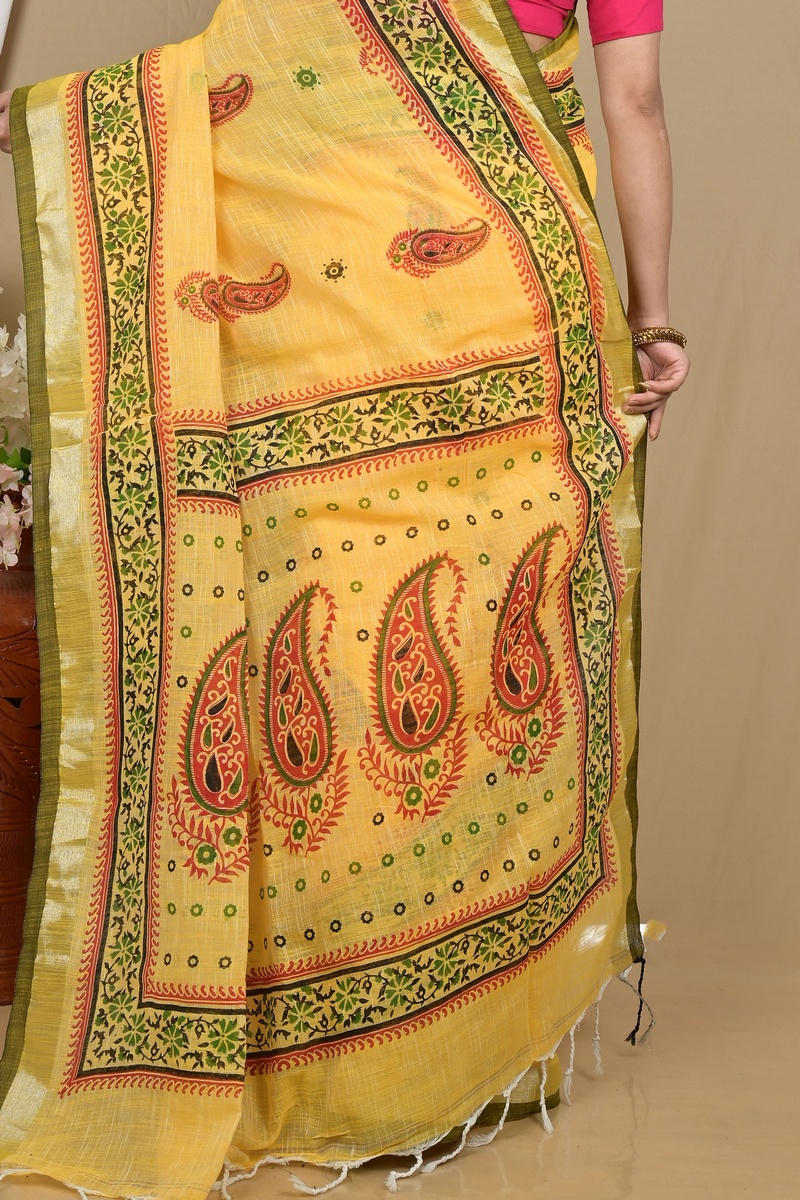 Yellow Pure Cotton Hilda Printed Handloom Saree (2108)