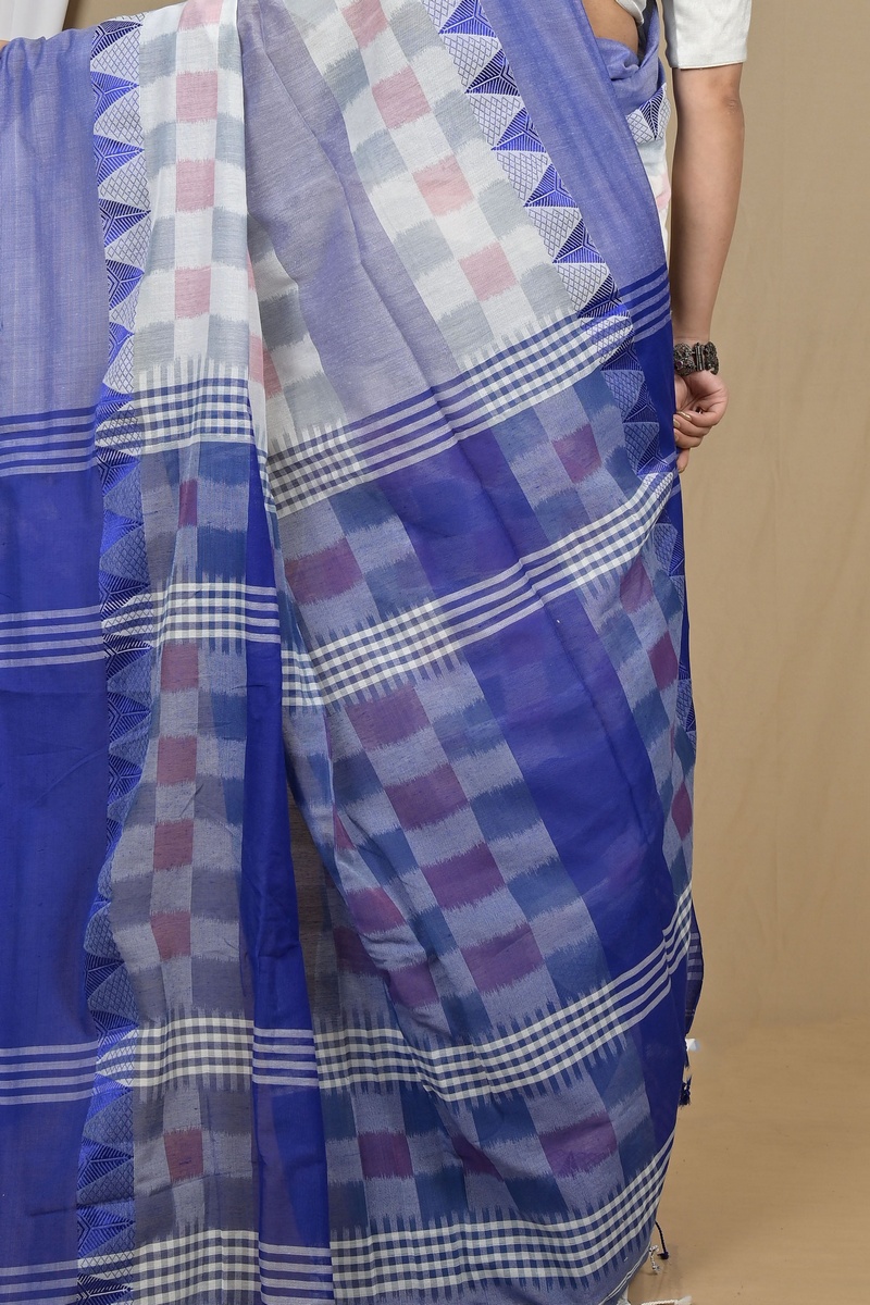 Blue White Pure Cotton Hiran Hand Loom Saree (2109)