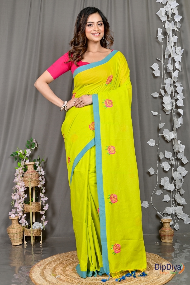 Lime Green Pure Cotton Parag Embroidery Handloom saree (211)
