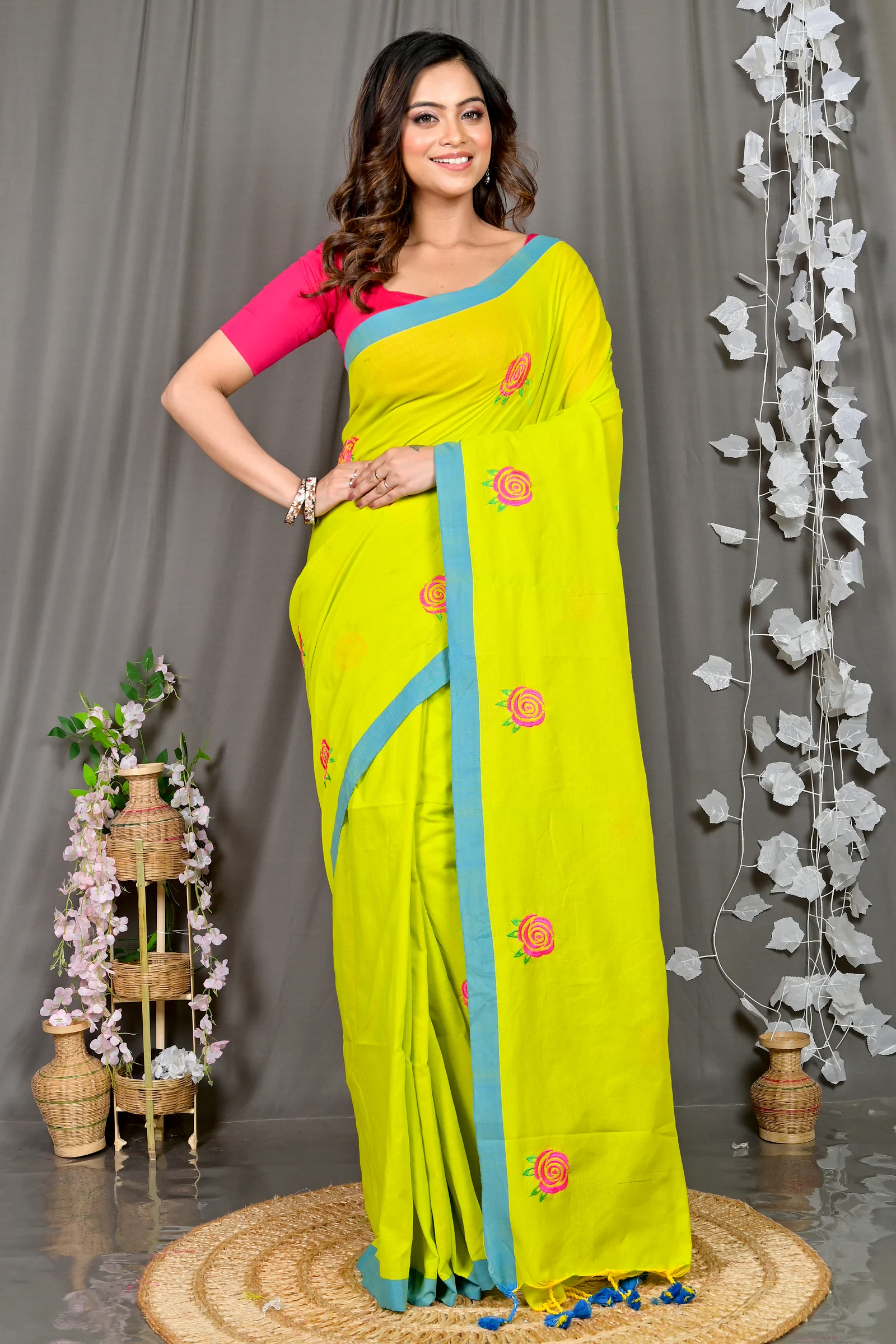 Lime Green Pure Cotton Parag Embroidery Handloom saree (211)