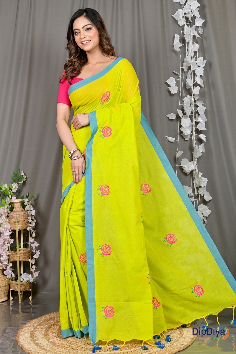 Lime Green Pure Cotton Parag Embroidery Handloom saree (211)
