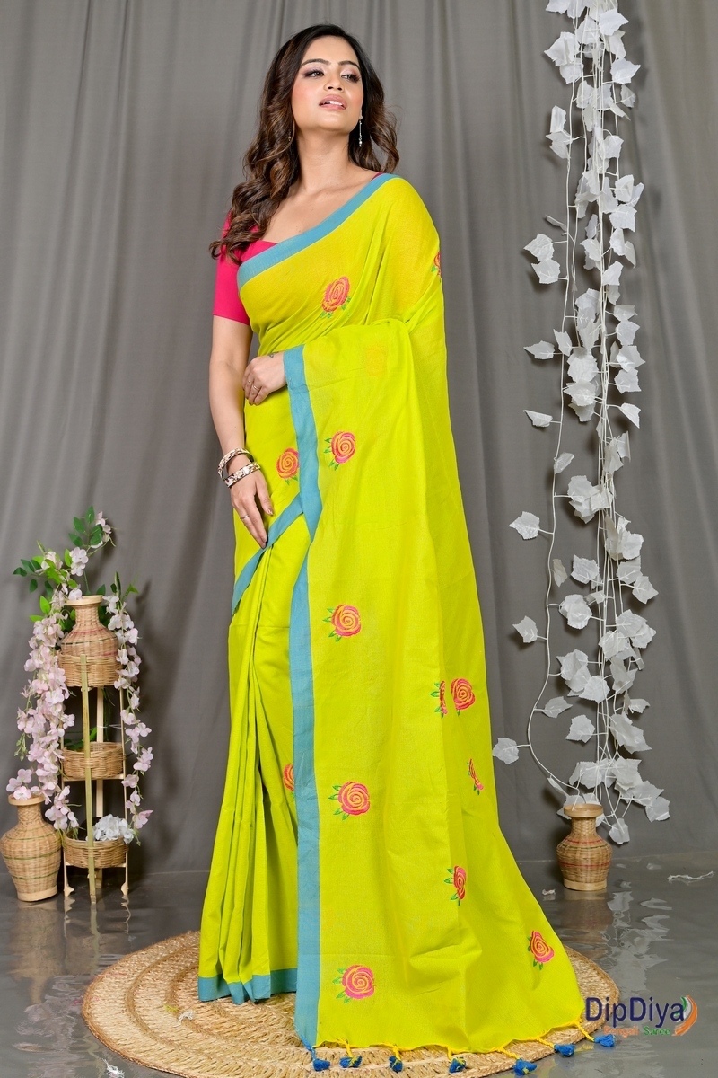 Lime Green Pure Cotton Parag Embroidery Handloom saree (211)