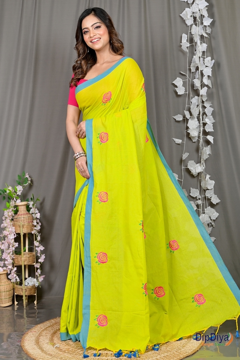 Lime Green Pure Cotton Parag Embroidery Handloom saree (211)