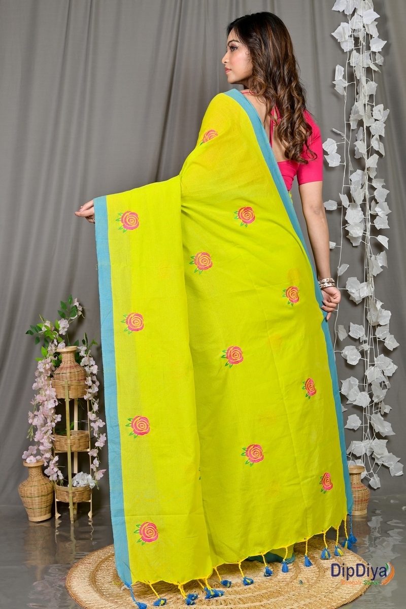 Lime Green Pure Cotton Parag Embroidery Handloom saree (211)