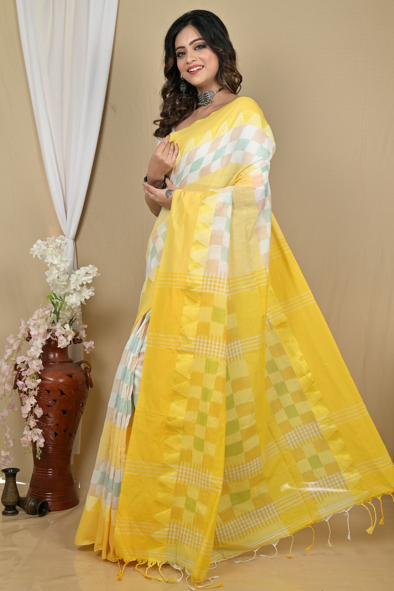 Yellow White Pure Cotton Hiran Hand Loom Saree (2110)