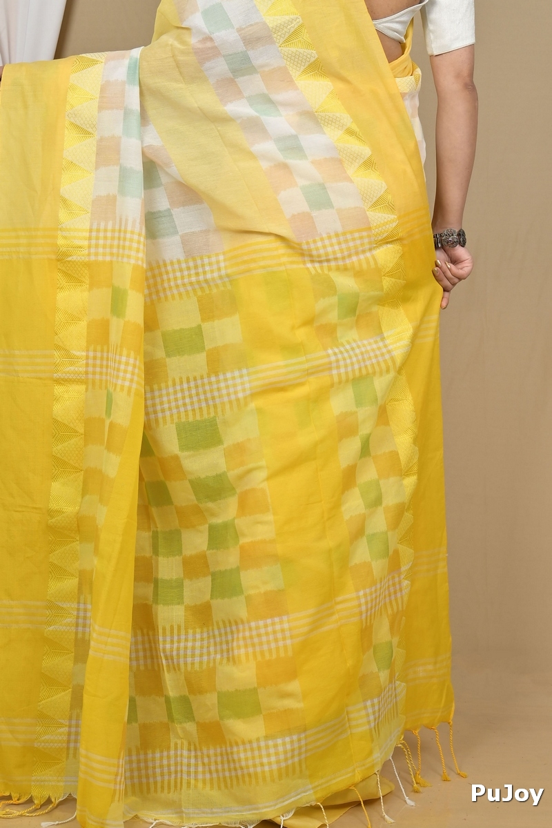 Yellow White Pure Cotton Hiran Hand Loom Saree (2110)