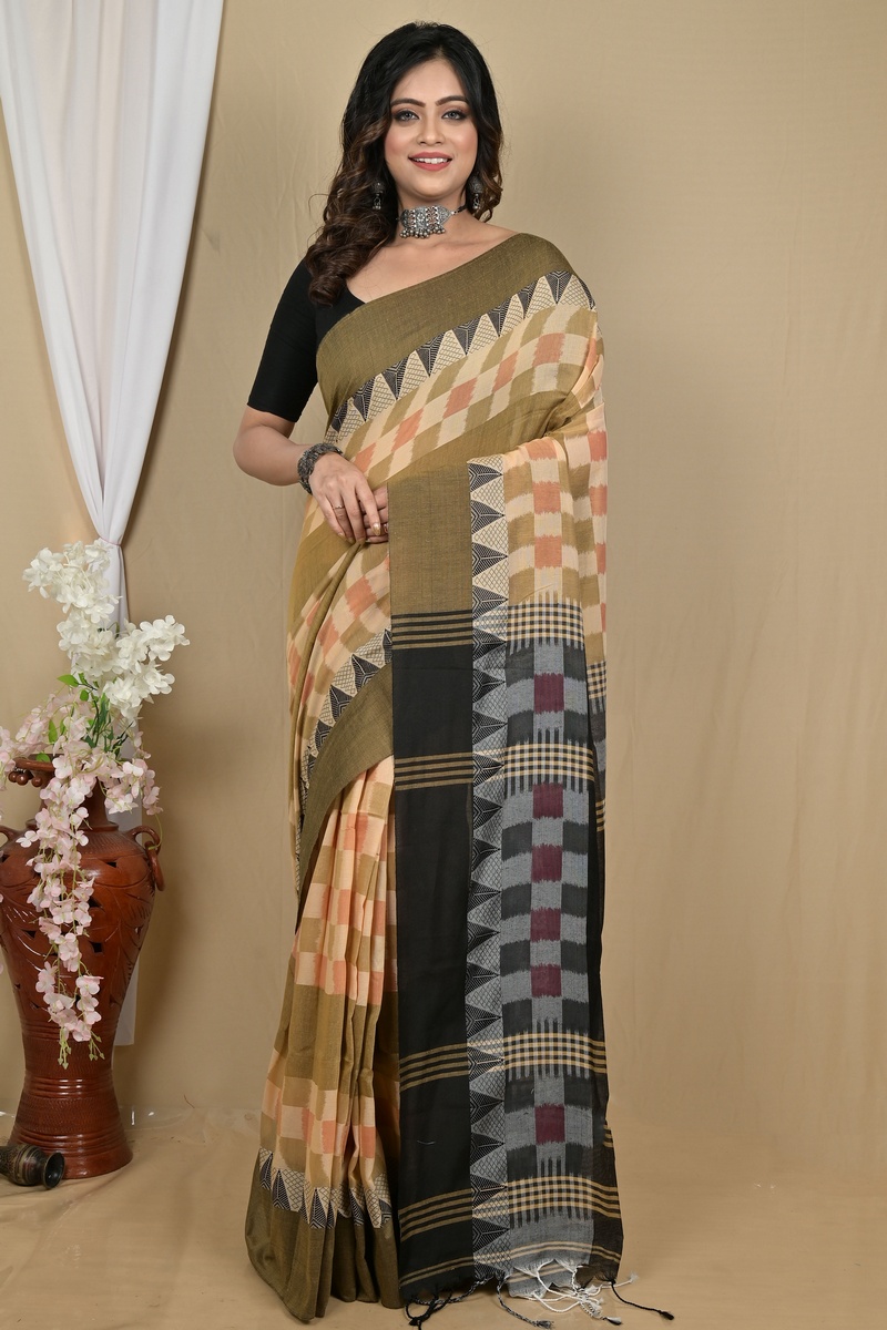 Brown Black Pure Cotton Hiran Hand Loom Saree (2111)