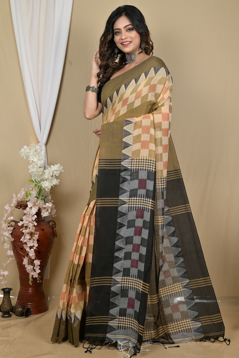 Brown Black Pure Cotton Hiran Hand Loom Saree (2111)