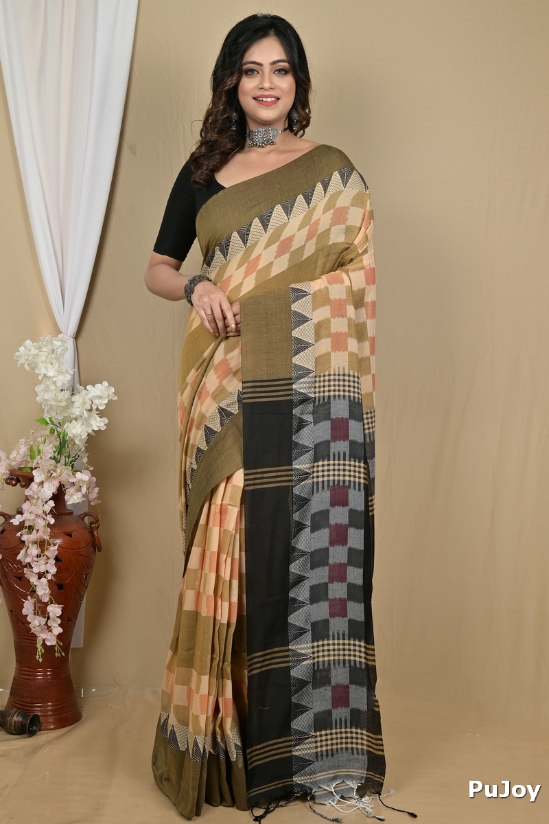 Brown Black Pure Cotton Hiran Hand Loom Saree (2111)