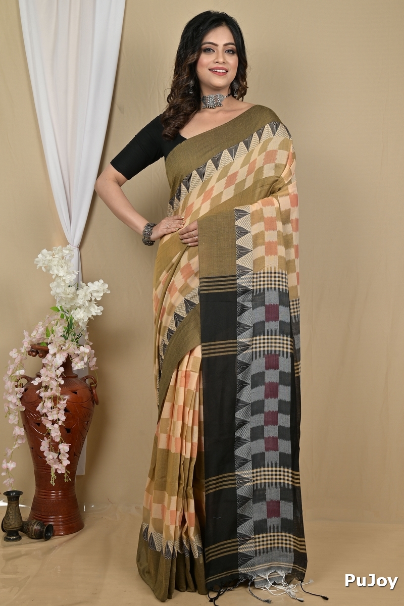 Brown Black Pure Cotton Hiran Hand Loom Saree (2111)