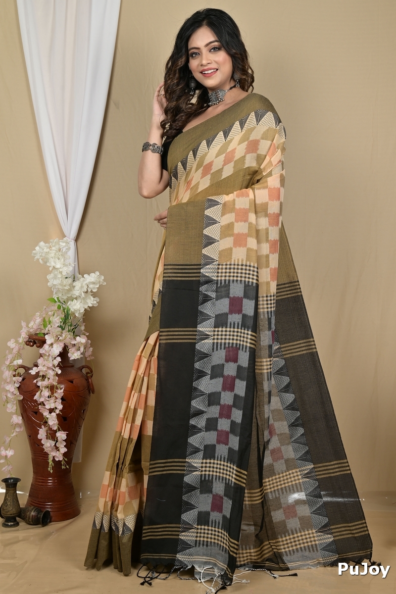 Brown Black Pure Cotton Hiran Hand Loom Saree (2111)
