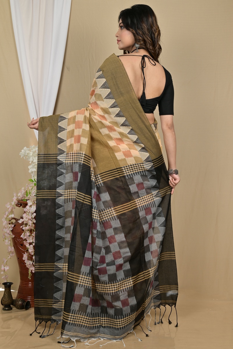 Brown Black Pure Cotton Hiran Hand Loom Saree (2111)