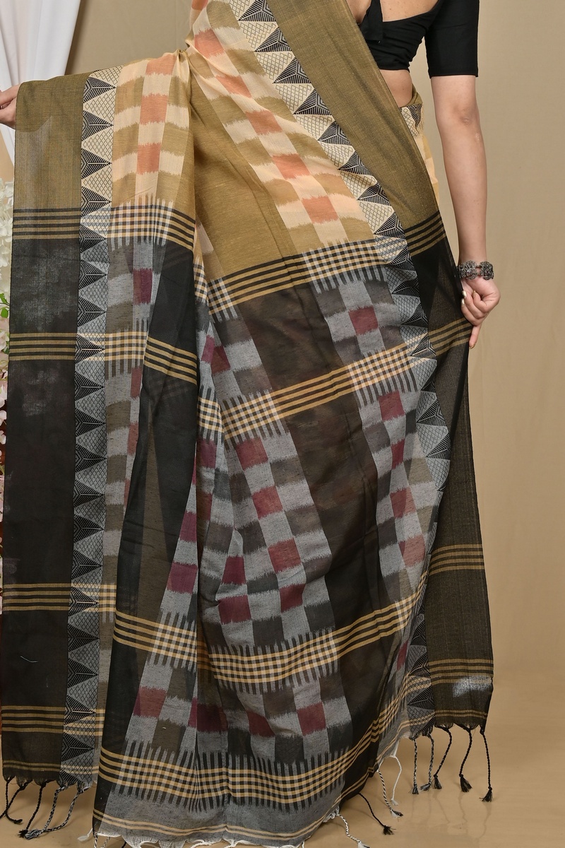 Brown Black Pure Cotton Hiran Hand Loom Saree (2111)