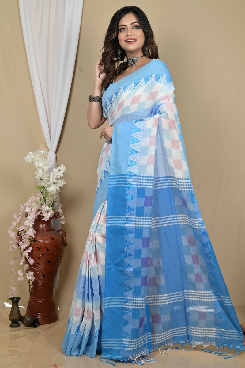 Sky Blue White Pure Cotton Hiran Hand Loom Saree (2112)