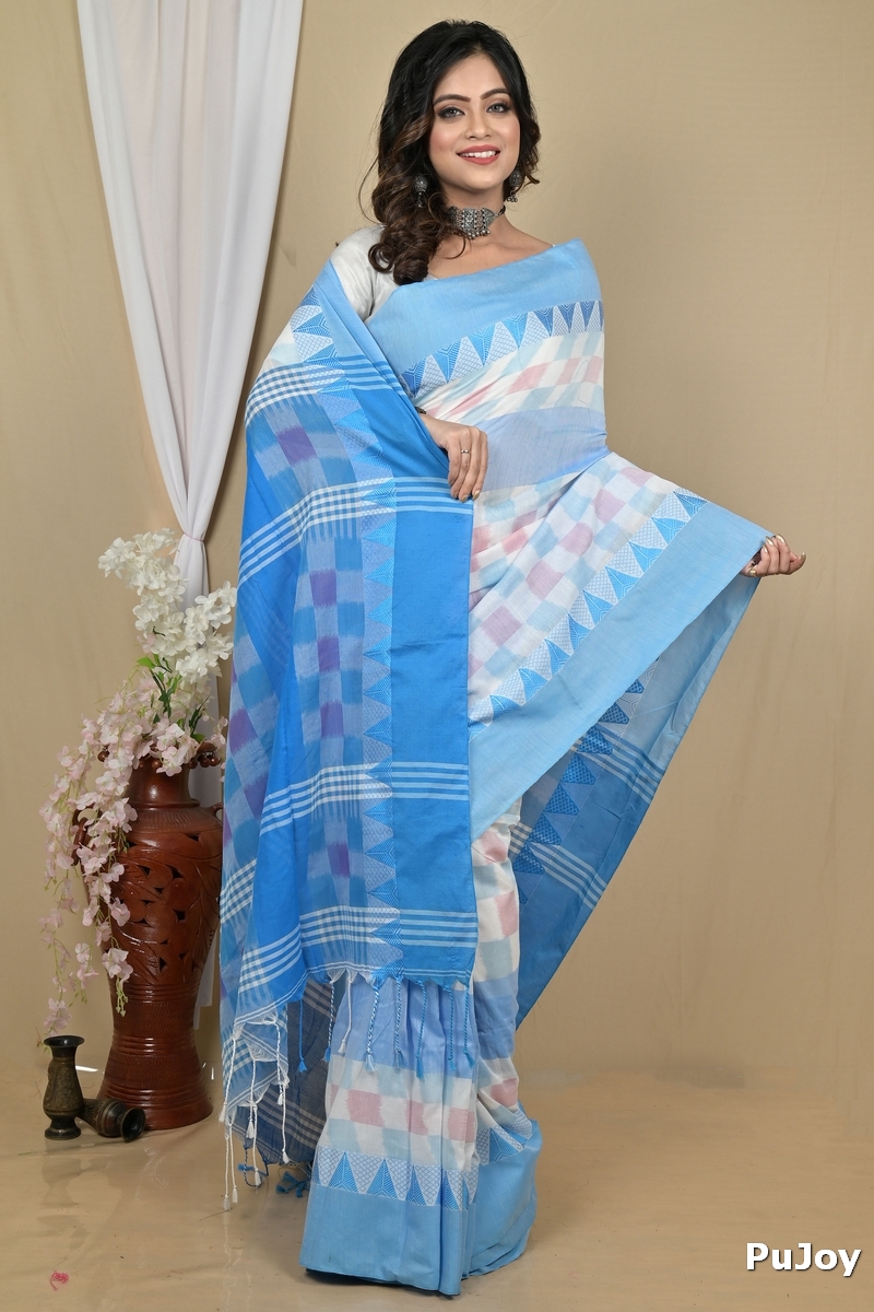 Sky Blue White Pure Cotton Hiran Hand Loom Saree (2112)