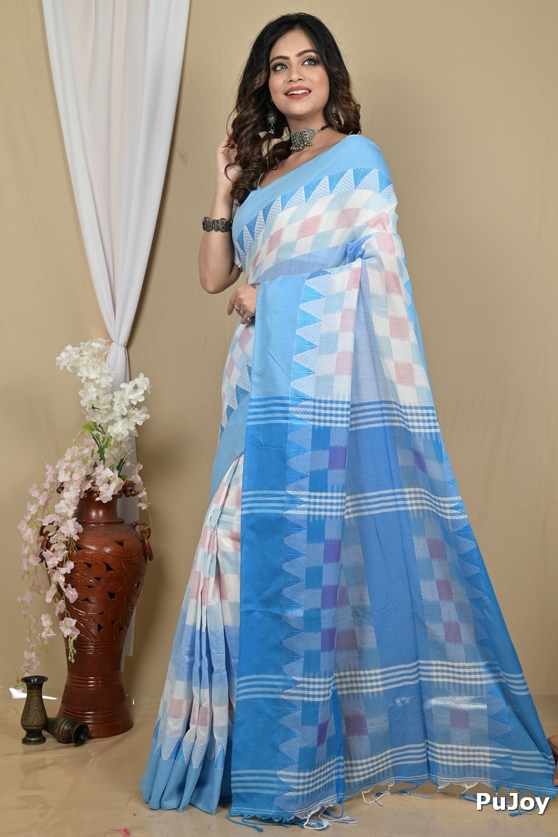 Sky Blue White Pure Cotton Hiran Hand Loom Saree (2112)