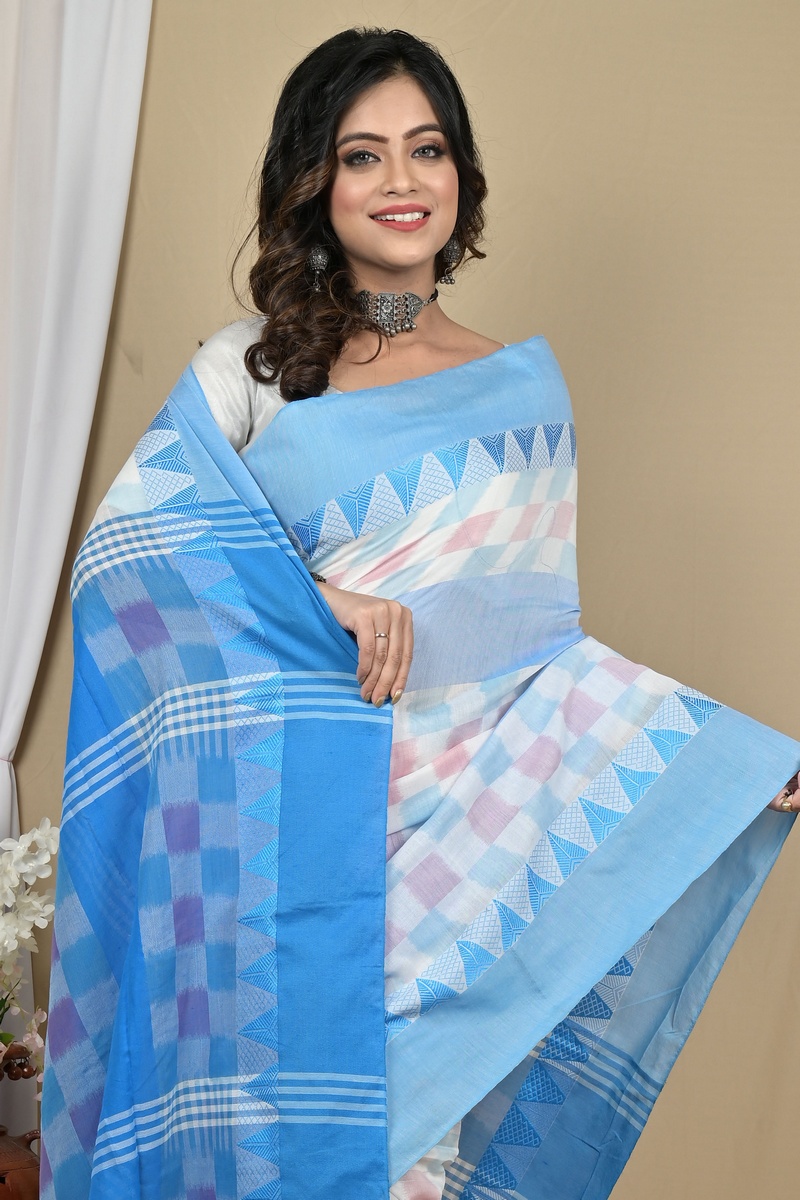 Sky Blue White Pure Cotton Hiran Hand Loom Saree (2112)