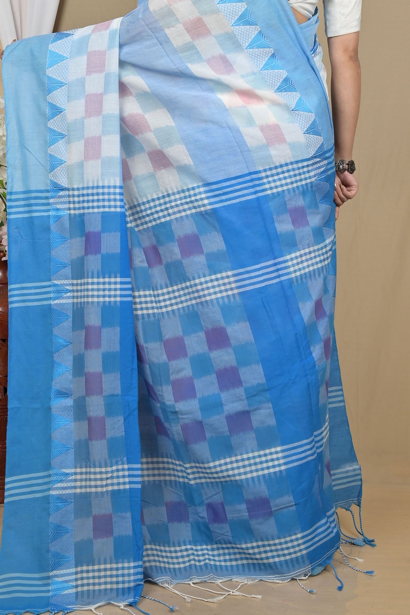 Sky Blue White Pure Cotton Hiran Hand Loom Saree (2112)