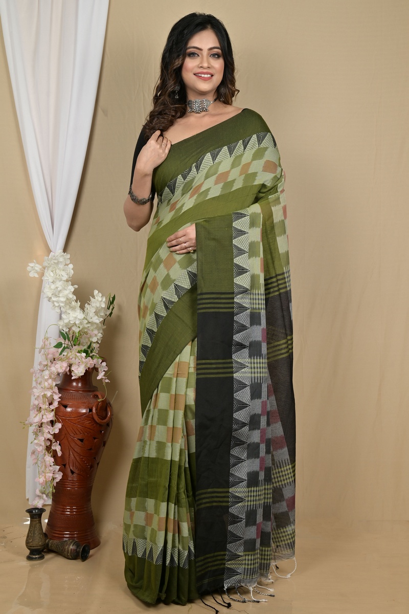 Green Black Pure Cotton Hiran Hand Loom Saree (2113)