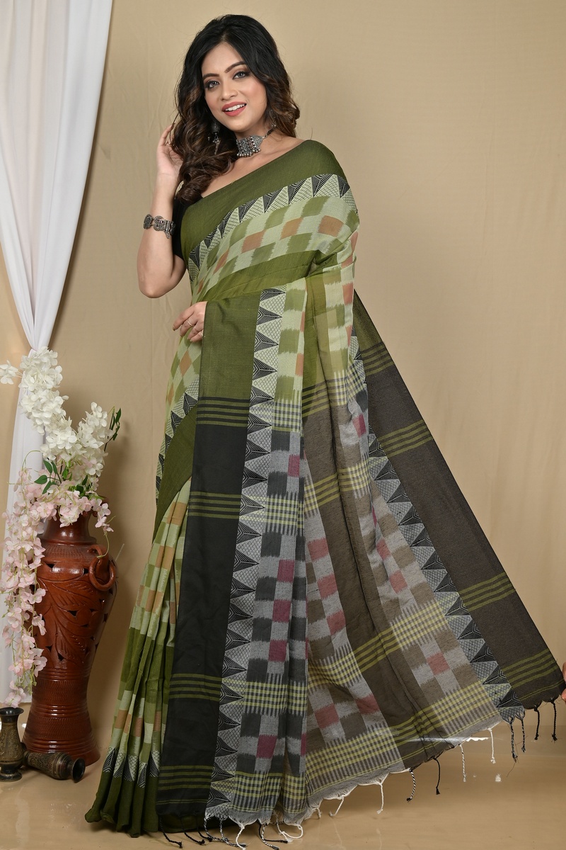 Green Black Pure Cotton Hiran Hand Loom Saree (2113)
