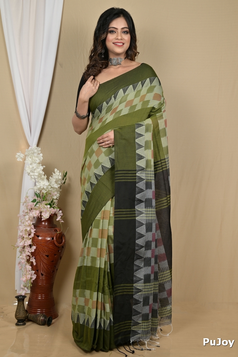 Green Black Pure Cotton Hiran Hand Loom Saree (2113)