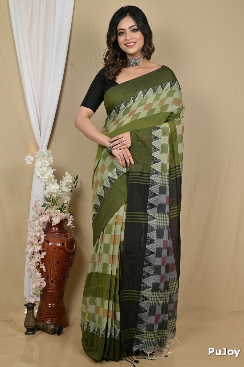 Green Black Pure Cotton Hiran Hand Loom Saree (2113)