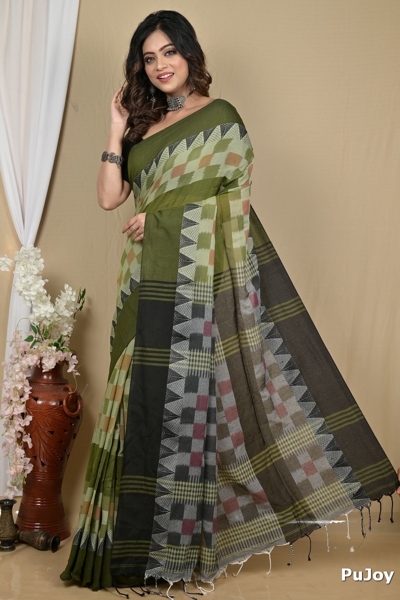 Green Black Pure Cotton Hiran Hand Loom Saree (2113)