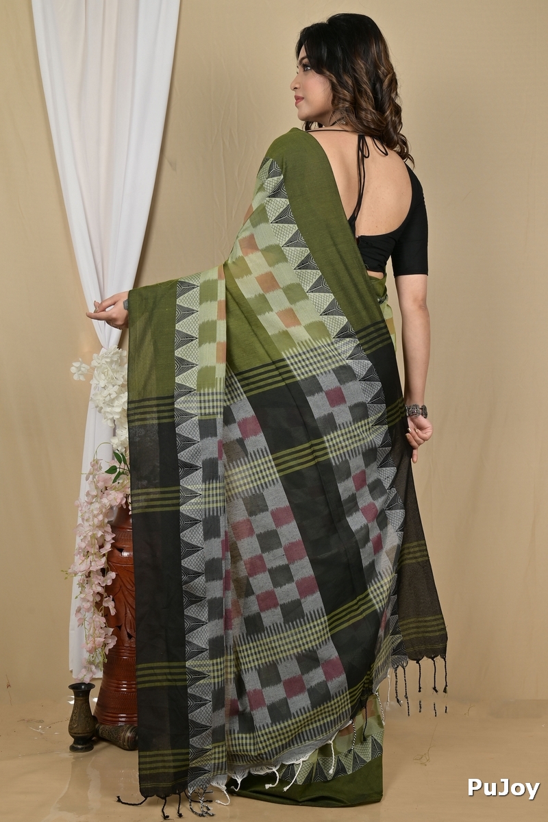 Green Black Pure Cotton Hiran Hand Loom Saree (2113)