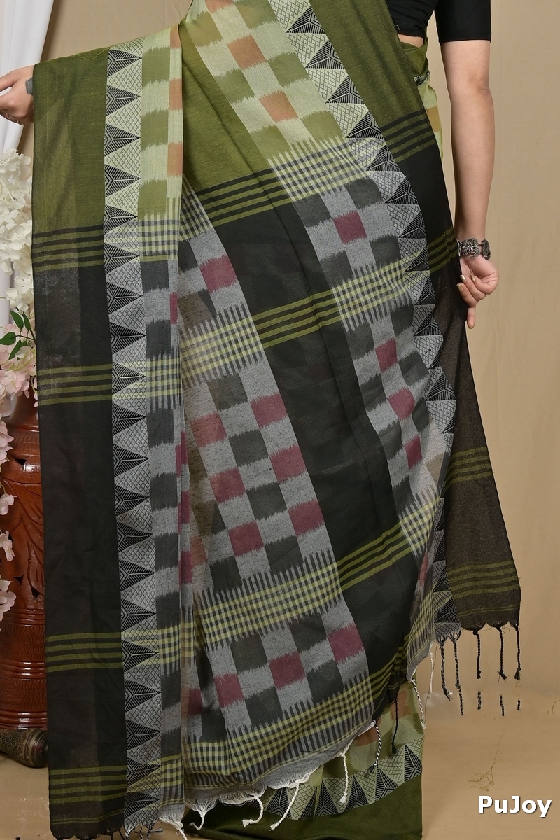 Green Black Pure Cotton Hiran Hand Loom Saree (2113)