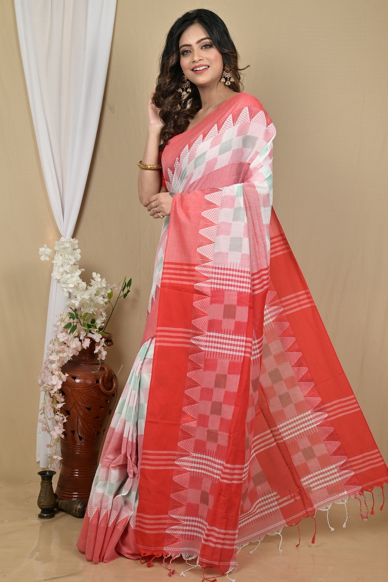 Red White Pure Cotton Hiran Hand Loom Saree (2115)