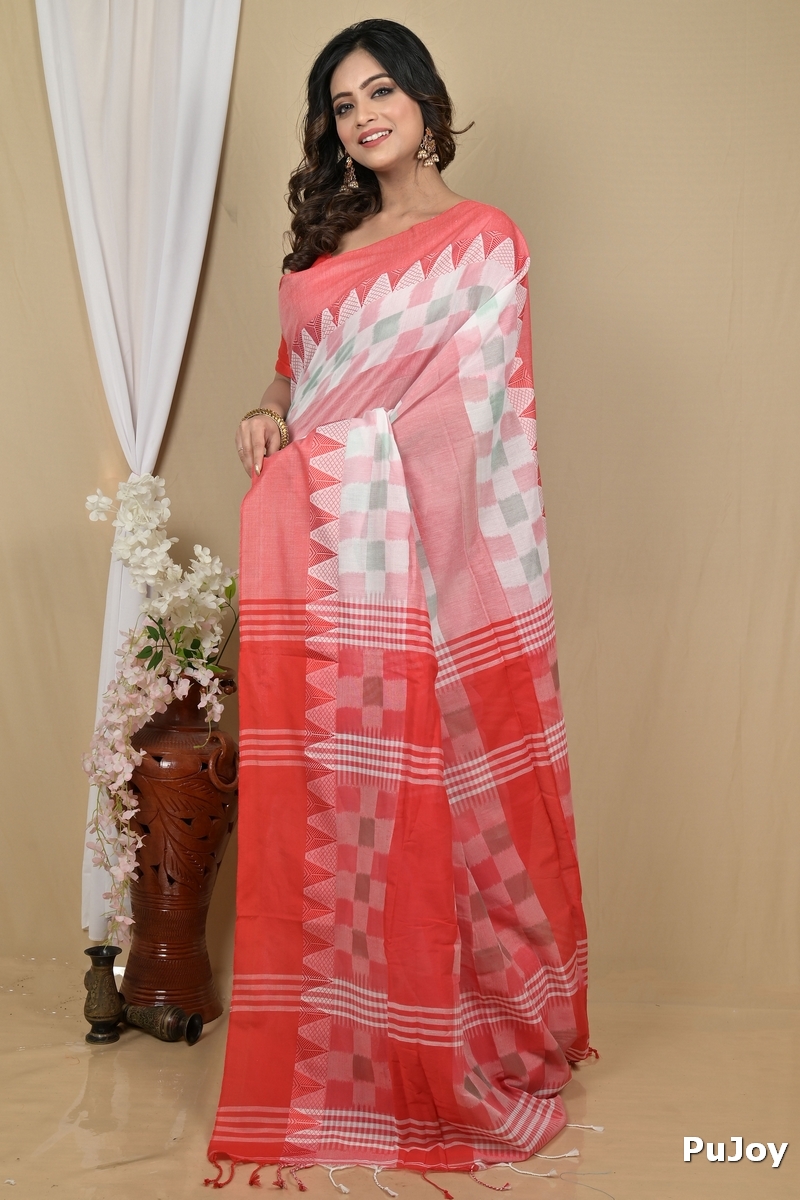 Red White Pure Cotton Hiran Hand Loom Saree (2115)