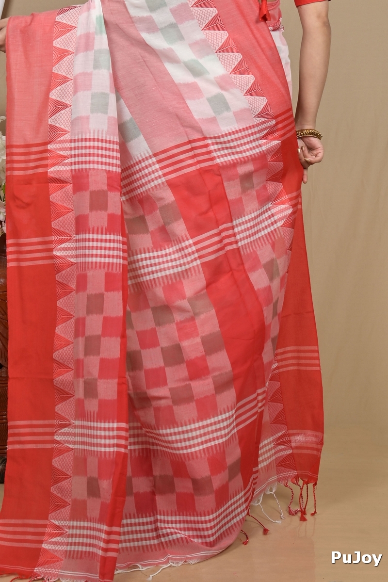 Red White Pure Cotton Hiran Hand Loom Saree (2115)