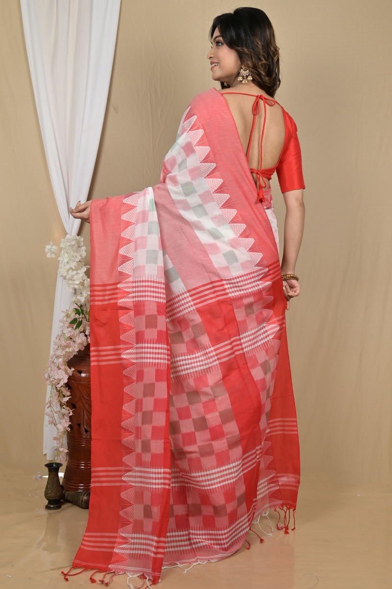 Red White Pure Cotton Hiran Hand Loom Saree (2115)