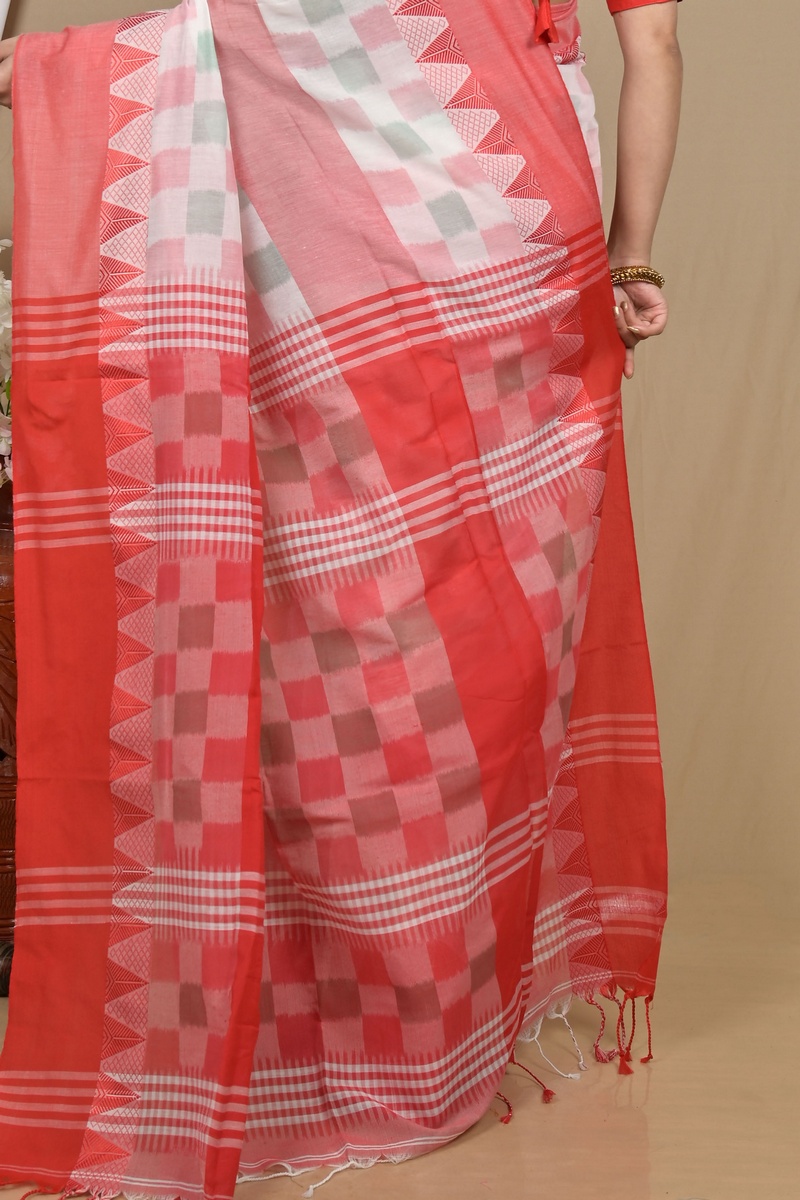 Red White Pure Cotton Hiran Hand Loom Saree (2115)
