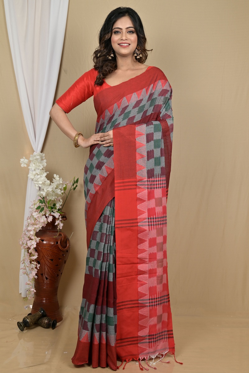 Red Brown Pure Cotton Hiran Hand Loom Saree (2116)