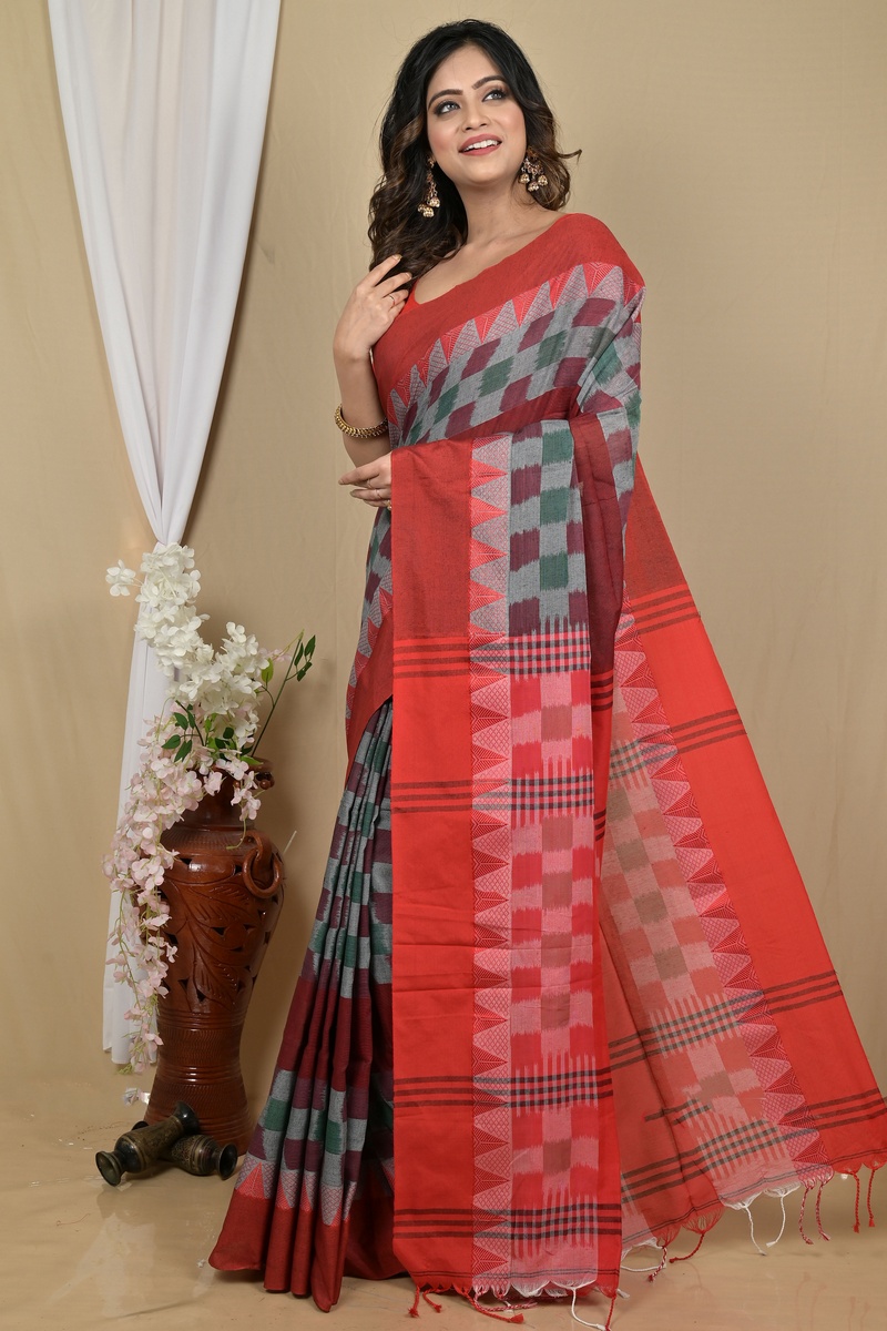 Red Brown Pure Cotton Hiran Hand Loom Saree (2116)