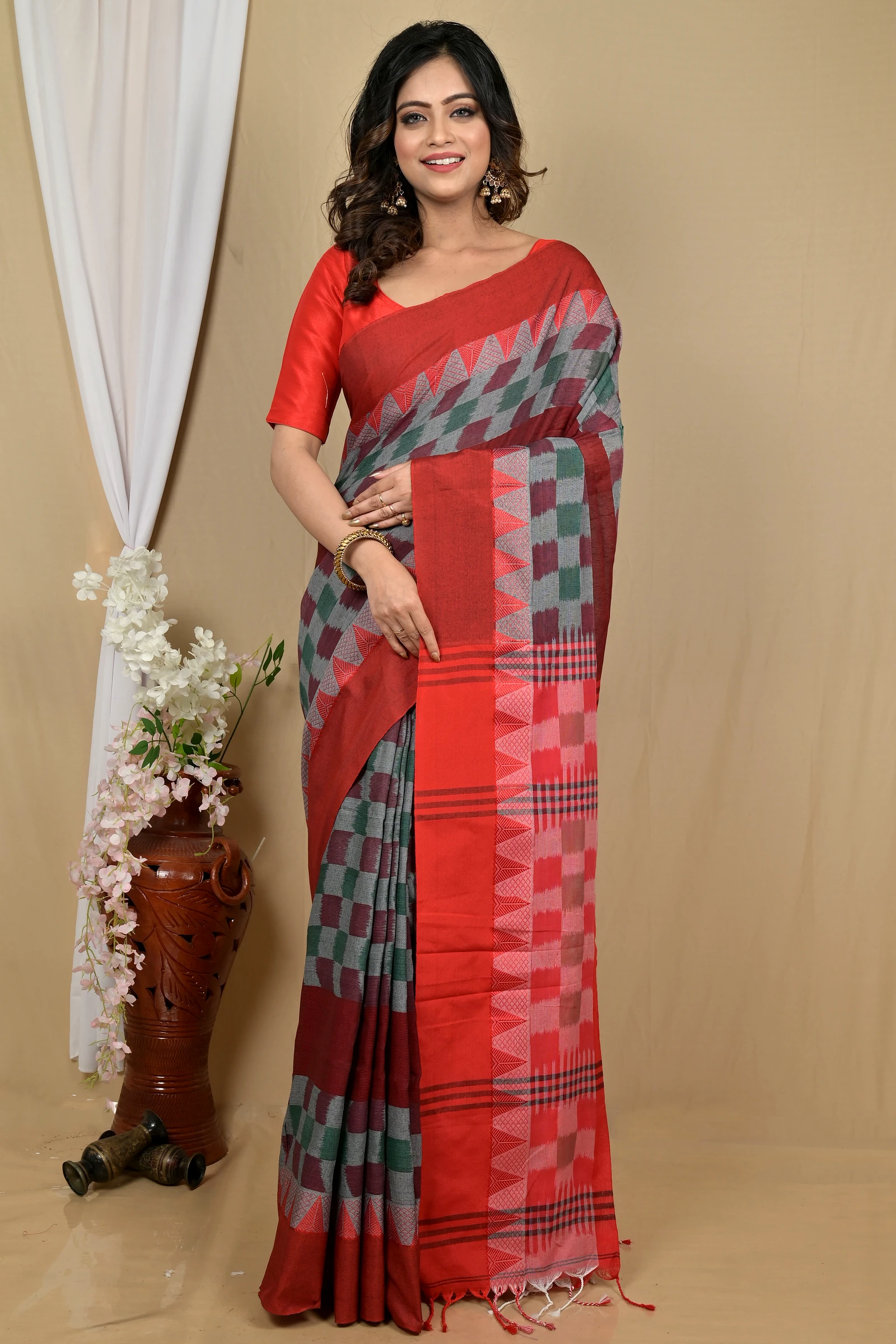 Red Brown Pure Cotton Hiran Hand Loom Saree (2116)