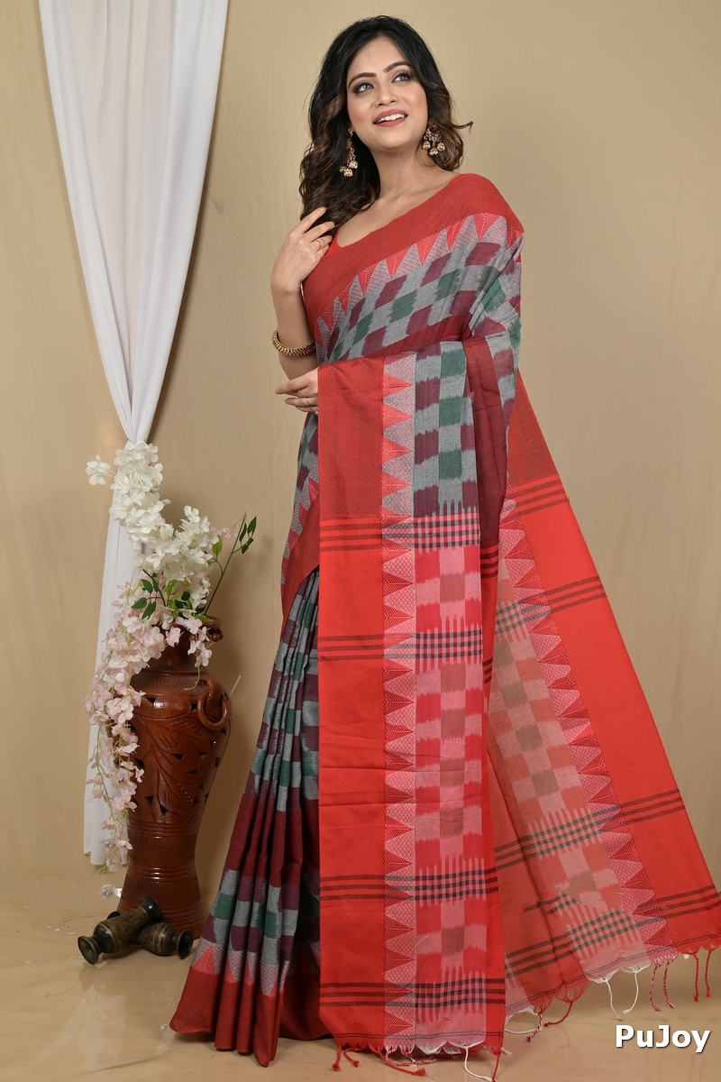 Red Brown Pure Cotton Hiran Hand Loom Saree (2116)