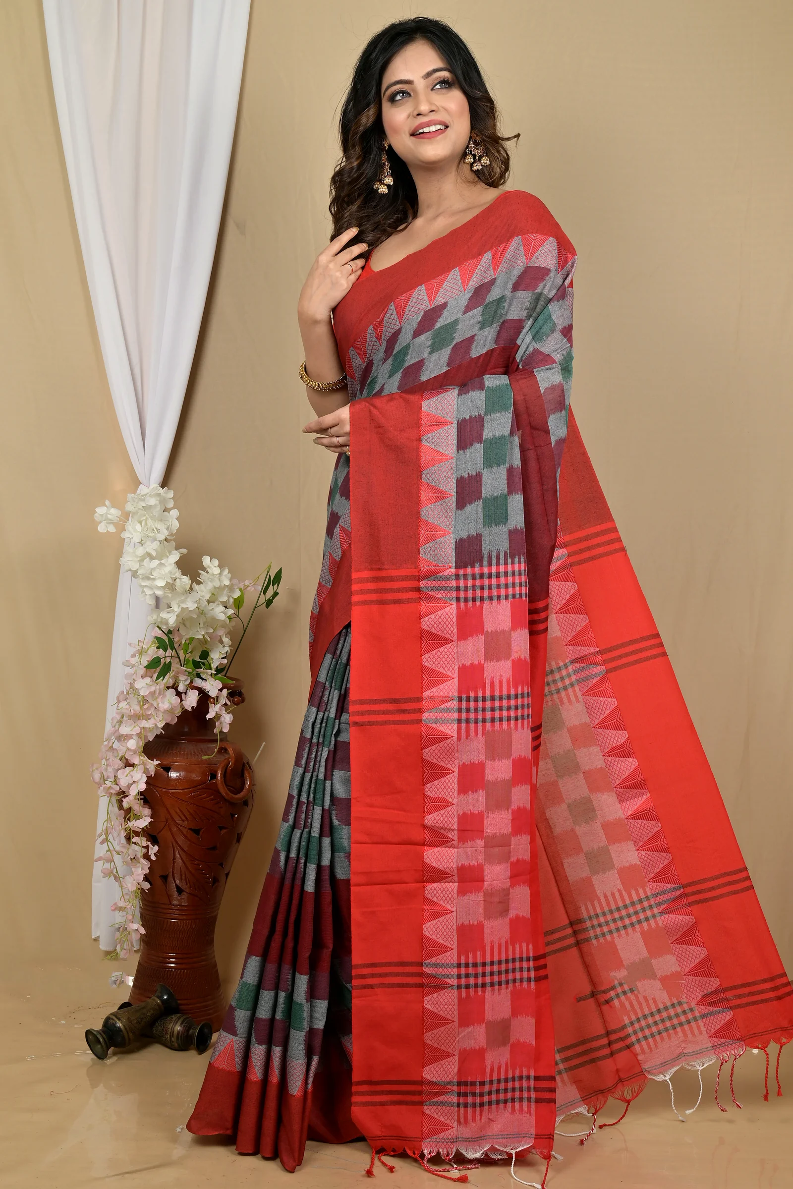 Red Brown Pure Cotton Hiran Hand Loom Saree (2116)