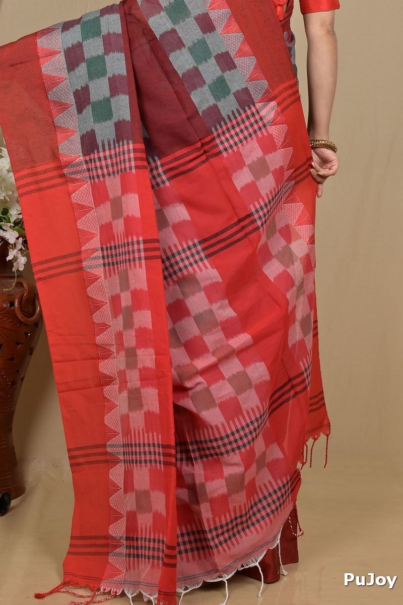Red Brown Pure Cotton Hiran Hand Loom Saree (2116)