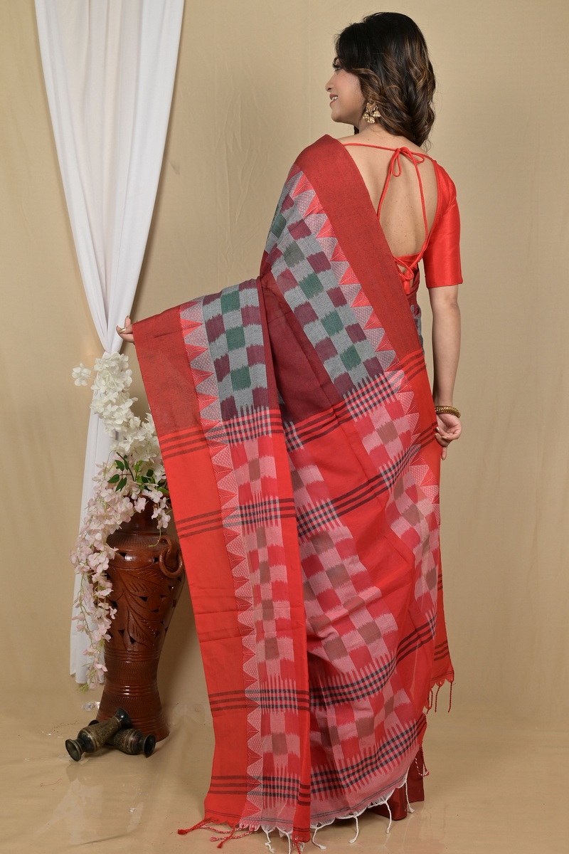 Red Brown Pure Cotton Hiran Hand Loom Saree (2116)