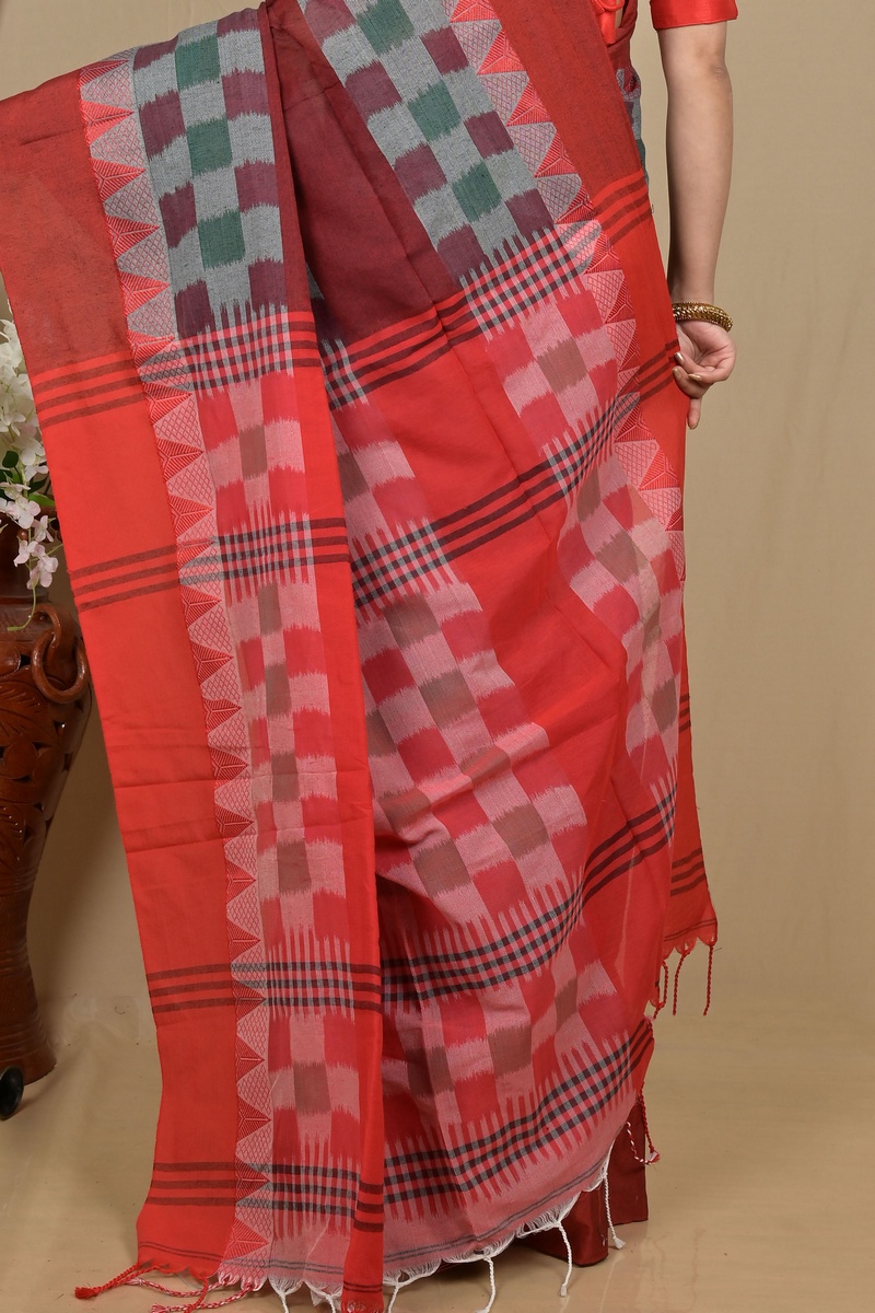 Red Brown Pure Cotton Hiran Hand Loom Saree (2116)