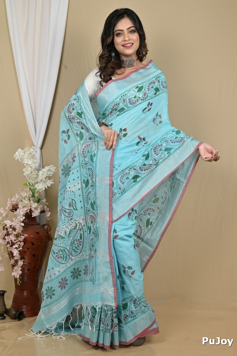 Sky Blue Pure Cotton Hiral Printed Handloom Saree (2118)