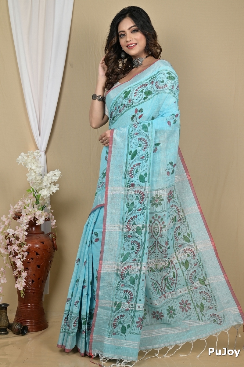 Sky Blue Pure Cotton Hiral Printed Handloom Saree (2118)